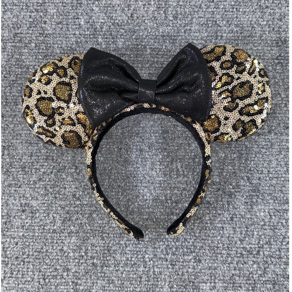 Disney Parks Minnie Mouse Leopard Print Sequin Ear Headband Black Glitter Bow